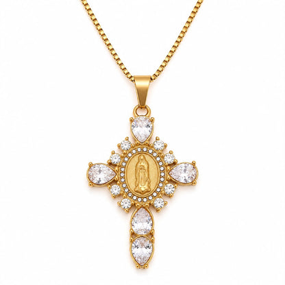 Collar Cruz Circón Rosado / Blanco