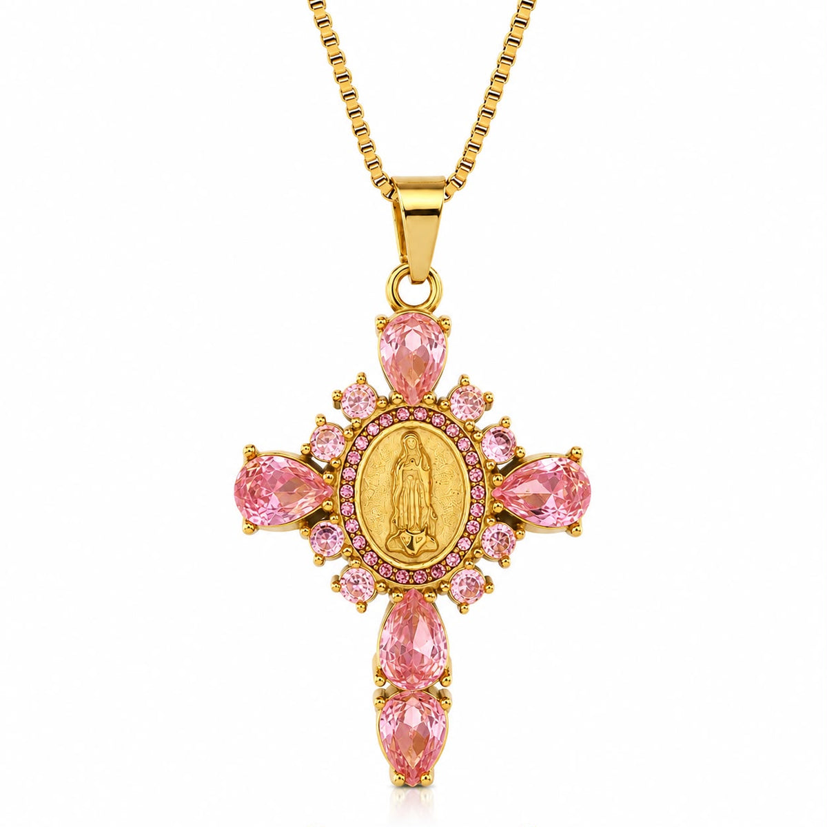 Collar Cruz Circón Rosado / Blanco