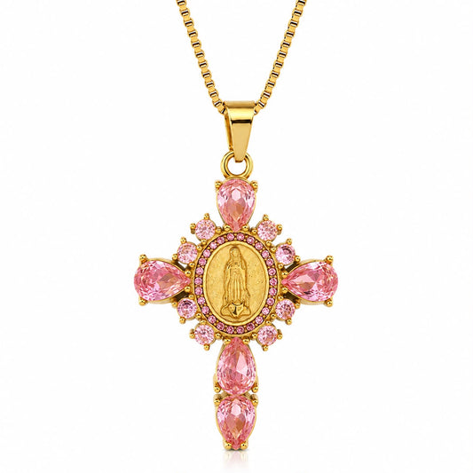 Collar Cruz Circón Rosado / Blanco